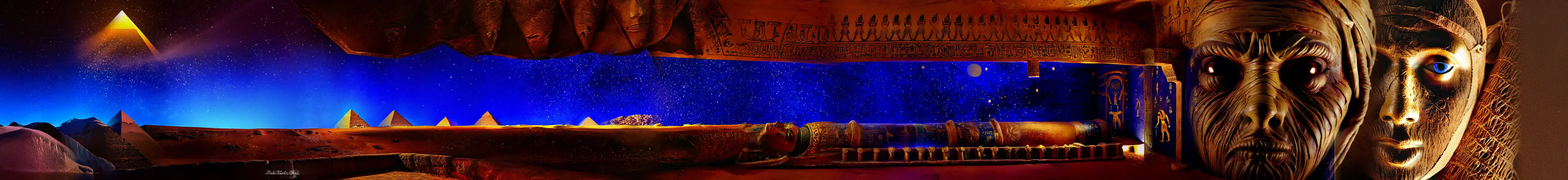 The Great Pyramids at night become an Egyptian tomb, a sarcophagus and a mummy's face