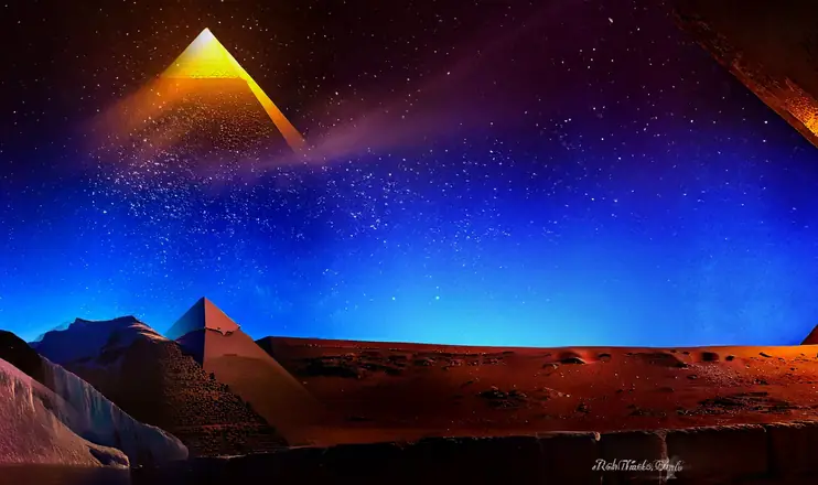 The Great Pyramids of Giza under a starry sky