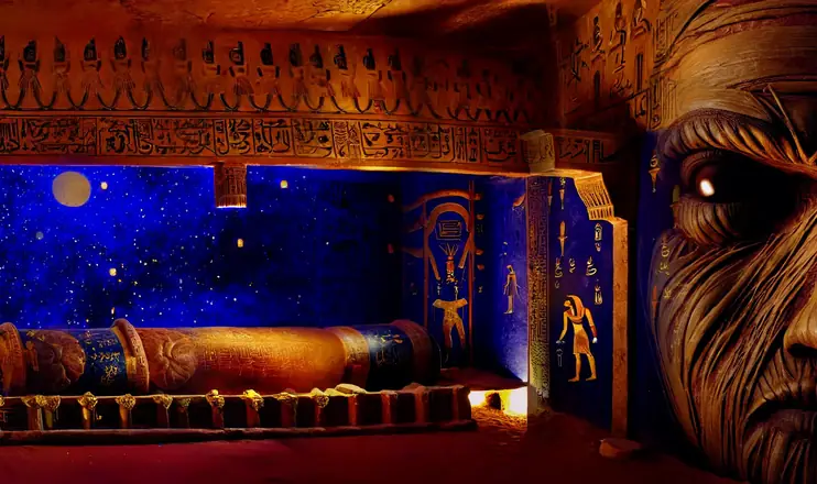 A hieroglyph-covered tomb with a sarcophagus